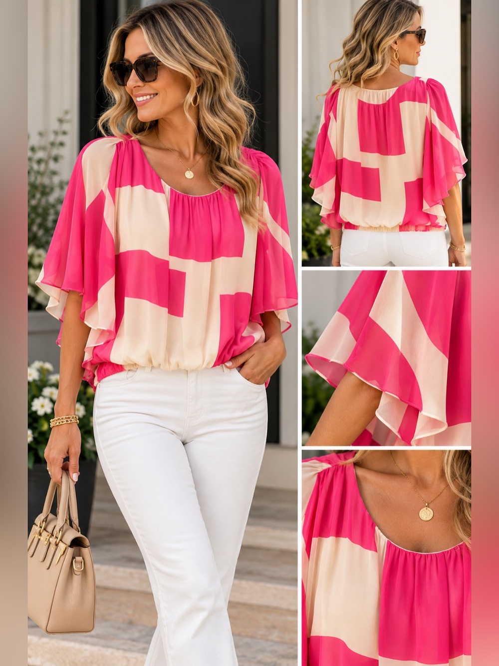 Vince Camuto Pink White Geometric Chiffon Blouse Flutter Sleeve size large